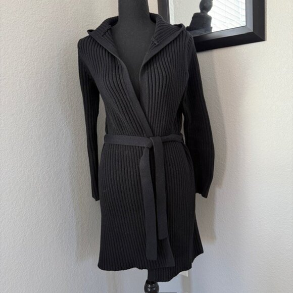 VINTAGE Y2K Black Ribbed Hooded Duster Cardigan Sweater Small - Picture 2 of 11
